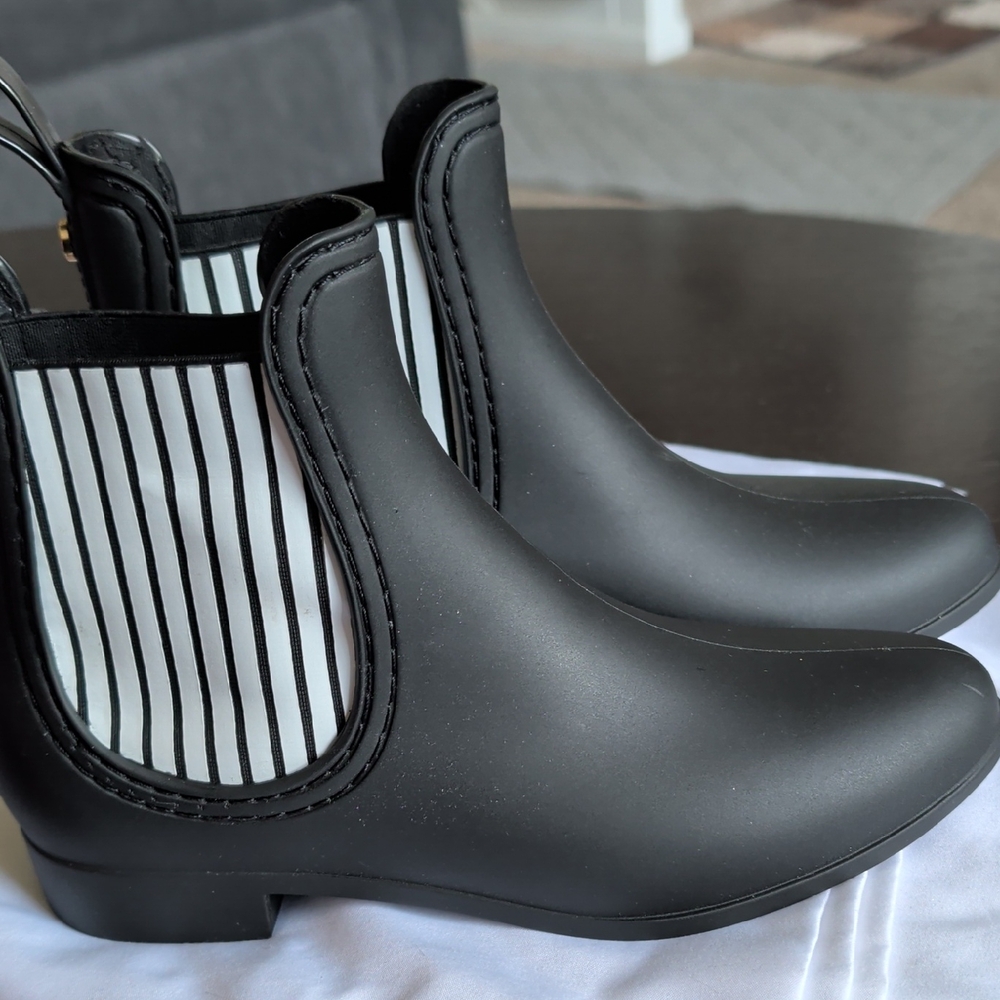 Catherine Malandrino Black Rain Chelsea Boots with White & Black Striped Panels